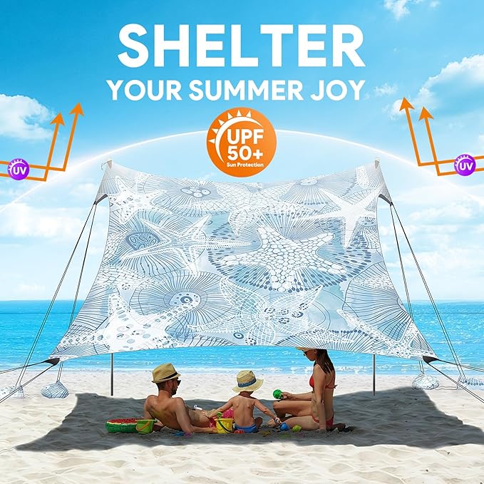 Beach Tent Sun Shelter, 10 x 10 FT Beach Canopy Tent Sun Shade, UPF50+ Beach Tent Canopy with 8 Sandbags & 4 Stability Poles, Outdoor Beach Tent for Beach Camping Fishing, Starfish