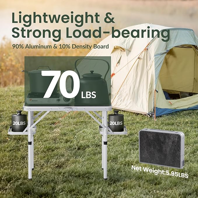 Titanker Folding Camping Table Small 2ft, Small Camp Table Portable with 50% Extra Space, Folding Picnic Beach Table Portable, Car Camping Essentials, Aluminum Light & Solid, Silver