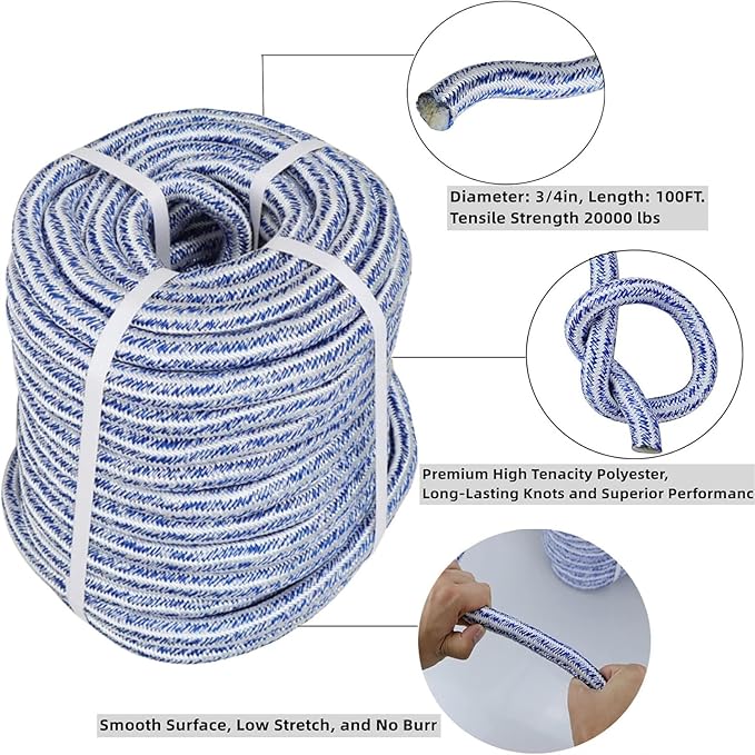 3/4 Inch x 100 Feet Double Braid Polyester Rope 20000Lbs Breaking Strength Strong Pulling Rope for Tree Work Camping Swings(Blue White)