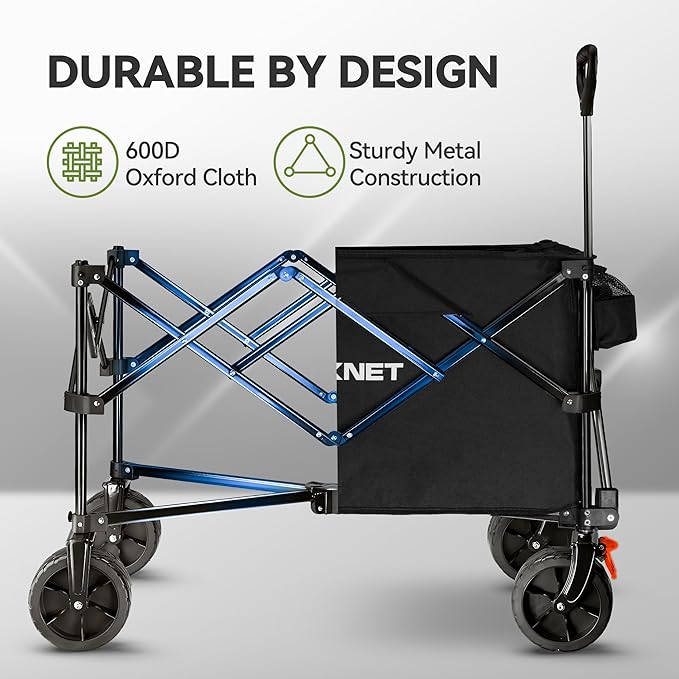 TECKNET Collapsible Foldable Wagon Cart, 150kg/330Lbs Weight Heavy Duty Folding Wagon with All-Terrain Big Wheels, Utility Wagon with Side Pocket for Grocery, Shopping, Sports, Garden, Camping
