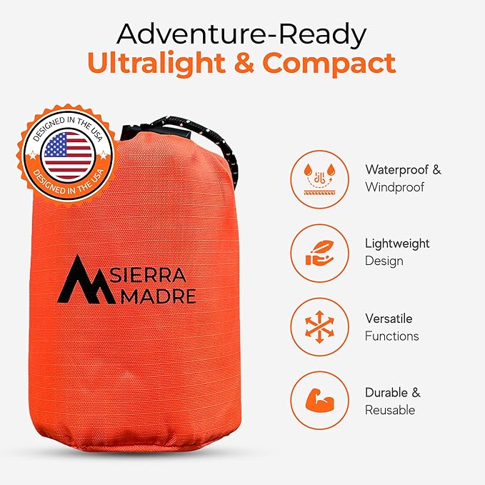 Sierra Madre Emergency Sleeping Bag – Ultralight, Waterproof Mylar Thermal Bivy Sack Tent for Hiking, Bug-Out Bags, Survival Kits – Emergency Survival Space Blanket for Heat Retention 5 Pack