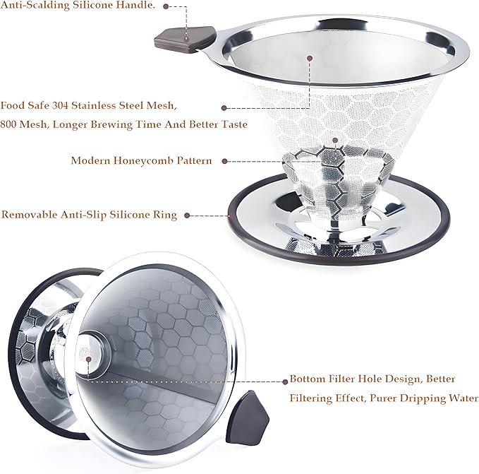 Pour Over Coffee Dripper 1-4 Cup 800 Mesh Inner Mesh ClothReusable Pour Over Filter Stainless Steel Filte for Home Travel Office Easy to Clean Paperless pour over maker Perfect for Father's Day gifts
