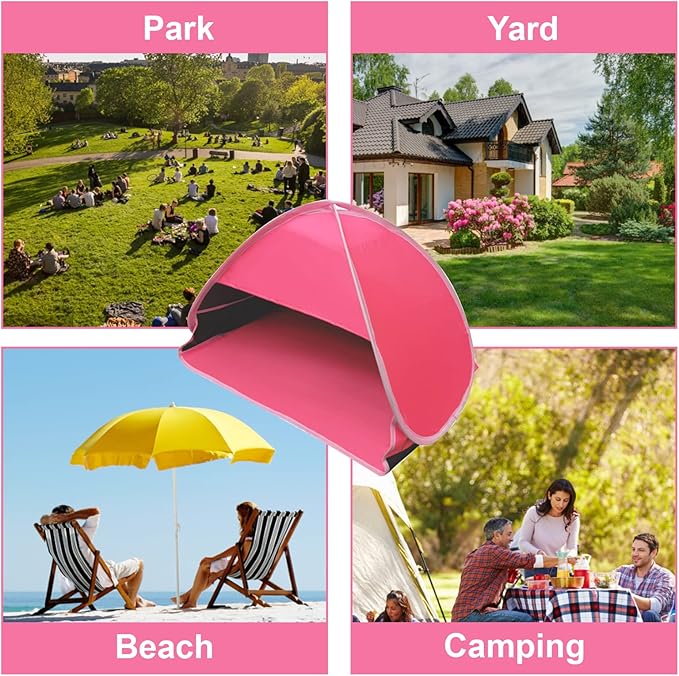Pop Up Beach Sun Shade, 1-Pack Mini Sun Shelter Tent for Anti-UV Windproof Camping Picnic Fishing Bench, Rose Red-Painted Silver, L
