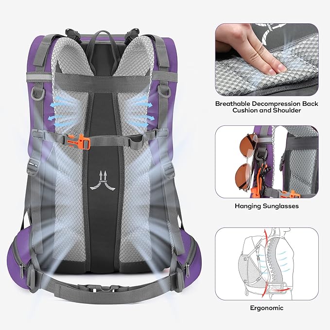 Maelstrom Hiking Backpack,Camping Backpack,40L Waterproof Hiking Daypack with Rain Cover,Lightweight Travel Backpack,Purple