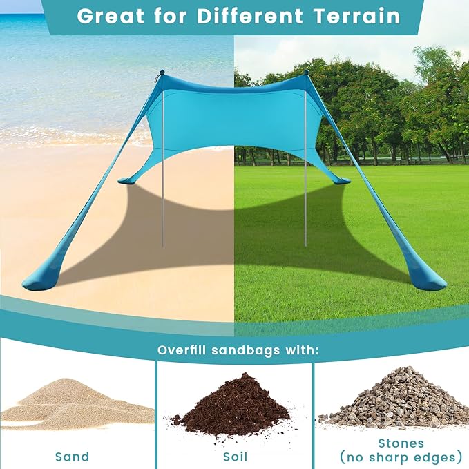 Beach Tent Sun Shelter - UPF50+ UV Protection 9.8 x 6.5 Ft Beach Canopy with Sandbags, Poles, Grond Pegs and Anti-Wind Ropes for Outdoor Fun