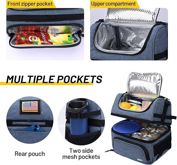 MIER Dual Compartment Lunch Bag Tote with Shoulder Strap for Men and Women Insulated Leakproof Cooler Bag, Bluesteel