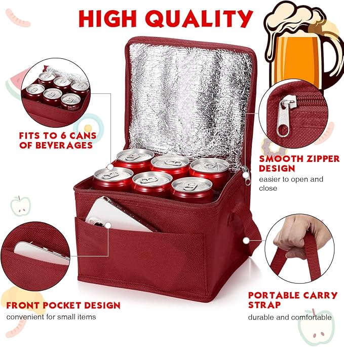 Nuogo 15 Pack Insulated Lunch Bags Bulk, Reusable Cooler Boxes, Leakproof Lunch Boxes Set, Waterproof Thermal Coolers, Insulated Beverage Bag for Women Men Work School Picnic Beach(Wine Red)