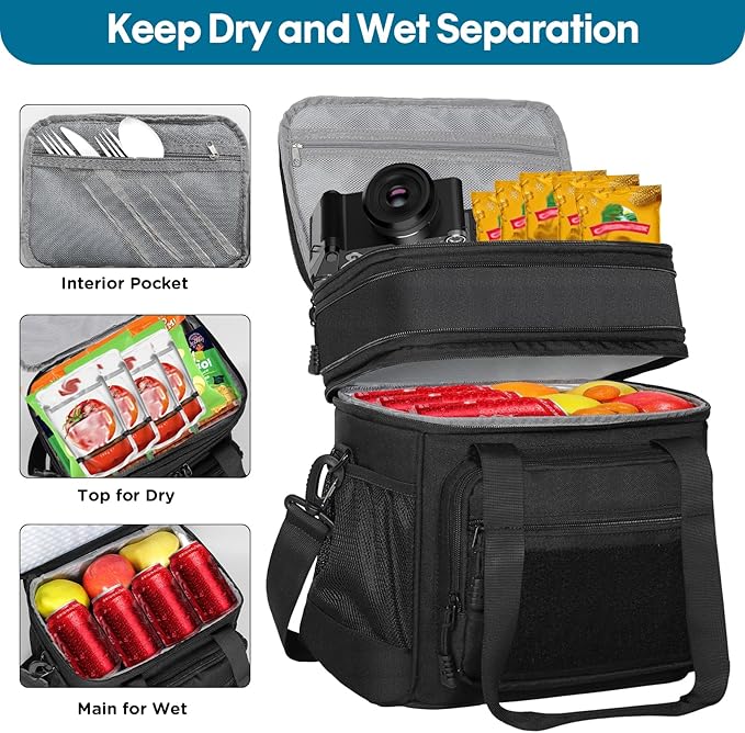 GLENKEY Double Deck Insulated Lunch Box, Expandable XLarge Lunch Bag Leakproof Cooler Bag Lunch Pail for Men Women Adults Work Shifts Travel Daytrip,22L,Black