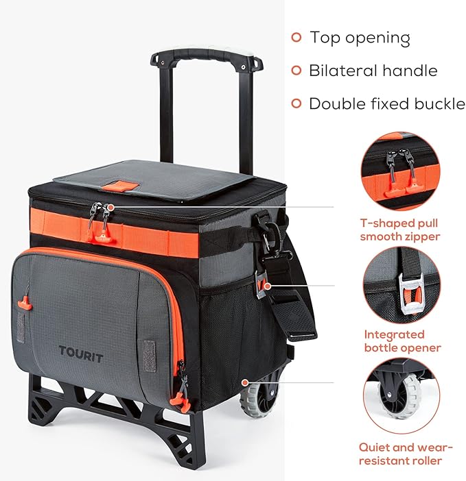 TOURIT 50-Can Collapsible Rolling Cooler Leakproof Insulated Soft Cooling Bag with Wheels and All-Terrain Cart for Beach, Camping, Patio Travel, Outdoor, Ball Fields