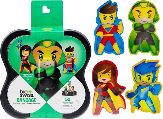BioSwiss Bandages, Super Healers Superhero Shaped Self Adhesive Bandage, Latex Free Sterile Wound Care, Fun First Aid Kit Supplies for Kids and Adults, 50 Count