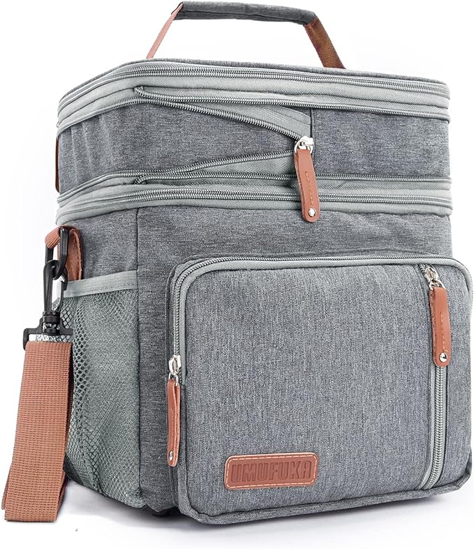 Men's and Women Double Compartment Lunch Bag, Insulated Lunch Cooler Tote 2 Roomy Large Reusable Water-resistant Lunch Box (Grey)
