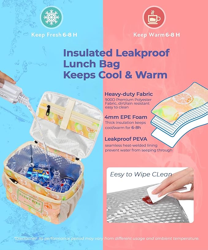 SUNNY BIRD Foldable Insulated Lunch Bag Leakproof Thermal Lunch Box for Women Men Teen with Shoulder Strap (Grapefruit Pink)