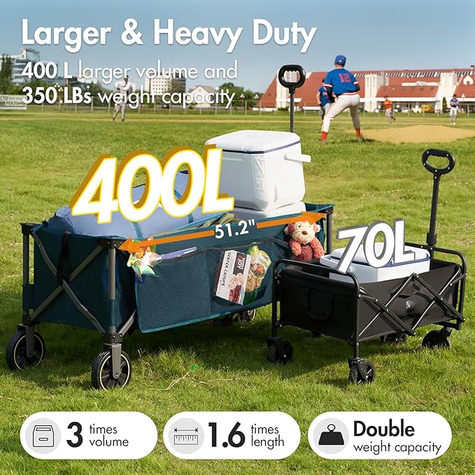 PORTAL 51.2" Long Wagons Carts Foldable with Brakes, Large Collapsible Wagon with Cargo Net, Side Pocket, Cup Holders, 350 LBs Heavy Duty Utility Grocery Wagons for Sports, Camping
