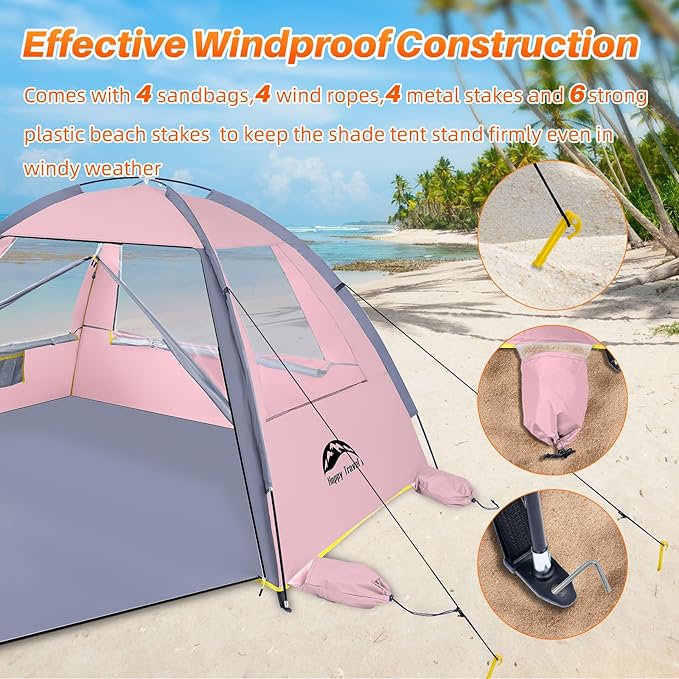 Happy Travel Beach Tent Sun Shelter for 3/4/5/6/7/8 Person, Portable UPF 50+ UV Protection Beach Shade Canopy for Family & Baby, Lightweight & Easy Setup Beach Cabana with 3 Ventilation Mesh Windows