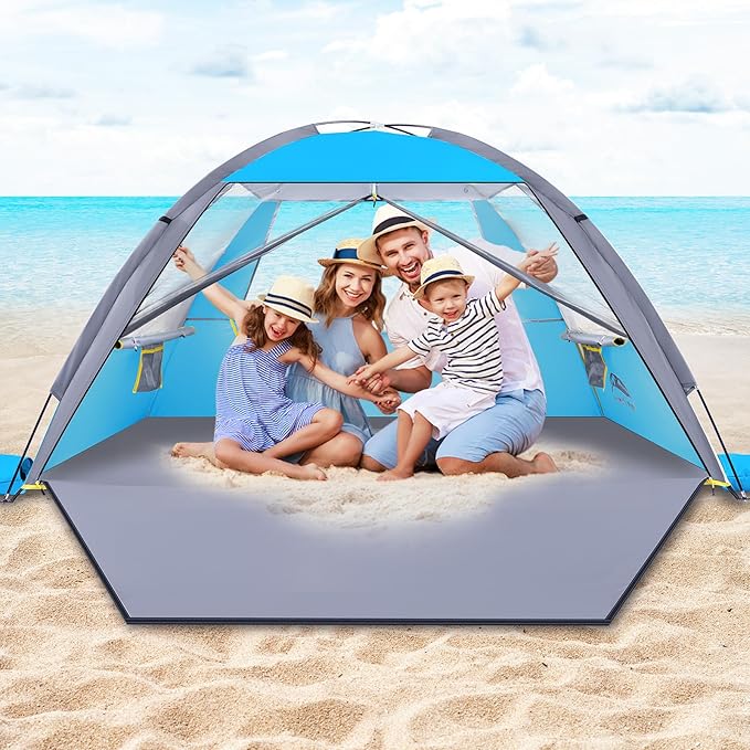 Happy Travel Beach Tent, UPF 50+ UV Protection Sun Shade Shelter for 3/4/5/6/7/8 Person, Portable Beach Canopy for Family & Baby, Lightweight & Easy Setup Beach Cabana with 3 Ventilation Mesh Windows