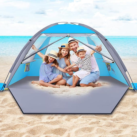 Happy Travel Beach Tent, UPF 50+ UV Protection Sun Shade Shelter for 3/4/5/6/7/8 Person, Portable Beach Canopy for Family & Baby, Lightweight & Easy Setup Beach Cabana with 3 Ventilation Mesh Windows