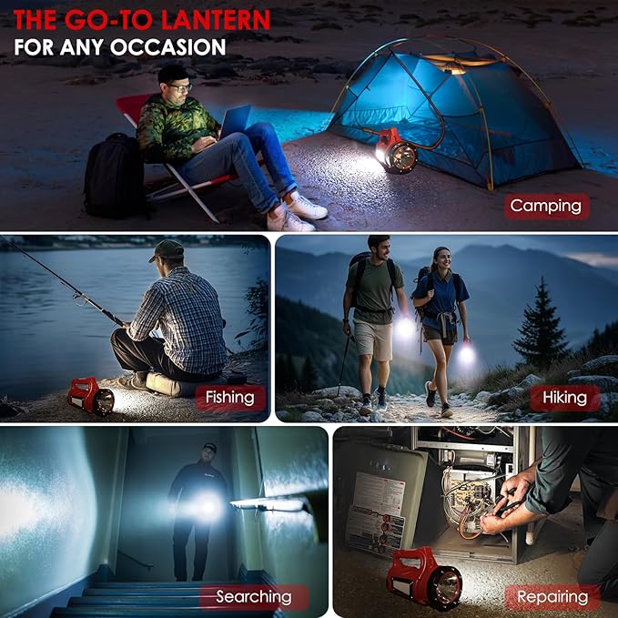 Rechargeable LED Flashlight, Camping Lantern Flashlight with 1000LM, 7 Modes, Power Bank, IPX4 Waterproof Camping Essentials Light for Hurricane Emergency Hiking Survival Kits - Red