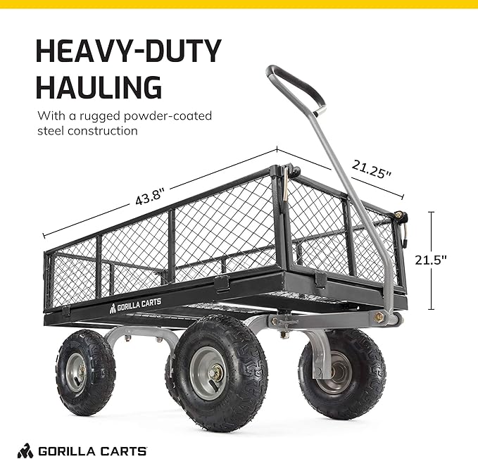 Gorilla Carts Steel Utility Cart, Garden Wagon w/Handle & Removable Sides, Up to 800 Lbs - Heavy-Duty Gardening Equipment for Yard, Lawn, and Outdoor Use