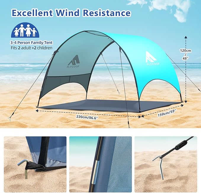Beach Tent - Beach Shade Canopy Compact Fold (16.9x3.9″), Own Patent, 360° Ventilation, Large Side Storage Pocket, UV Protection Portable Sun Shelter for Beach (Green, 90.5 * 59 * 53″)