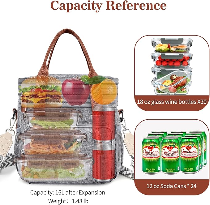LOKASS Lunch Box for Women/Men-16L-Insulated Lunch Bag, Expandable Double-layer Leakproof Cooler Bag with Upgrade Adjustable Shoulder Strap Ideal for Work/Travel/Picnics（Gray）