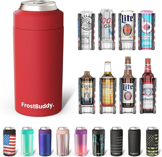 Frost Buddy Universal Buddy Can Cooler - Fits All - For Regular 12 & 16 oz or Slim-Size Bottles - Insulated Double-Walled Stainless Steel (Crimson)