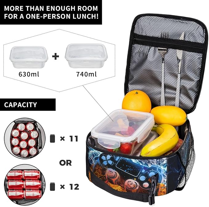 Video Game Lunch Box Fire and Water Game Lunch Bag Insulated Portable Reusable Lunch Tote Kit Waterproof Cooler Bag for Men Women Picnic Office Collega Travel Working