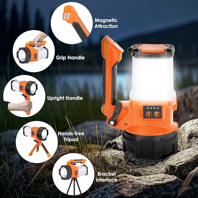 Rechargeable Camping Lantern, 6 Modes LED Flashlight Handheld Spotlight with 2000LM, 4400mAh Power Bank, IPX4 Waterproof Searchlight Work Light for Emergency Hiking Survival Kits