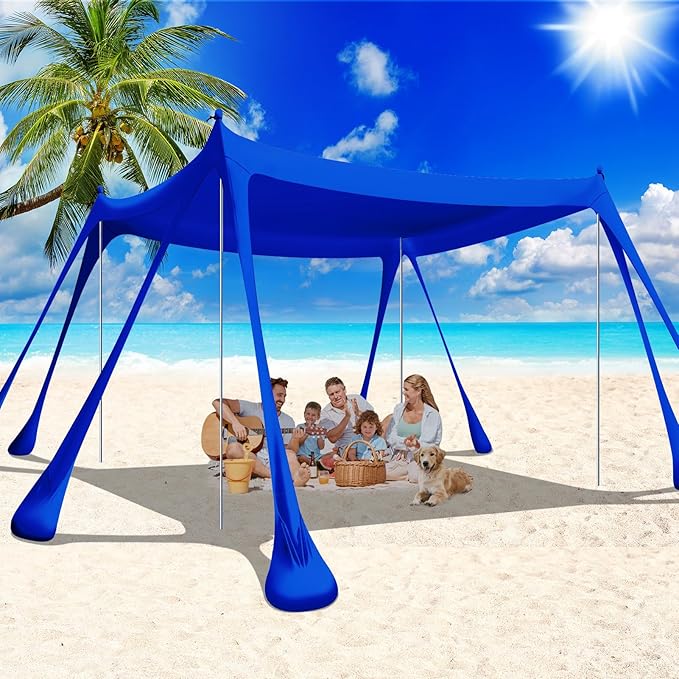 Large Beach Tent Canopy Pop Up Shade 10x10ft Sun Shelter Portable with UPF50+ UV Protection 8 Sandbags 4 Aluminum Poles 2 Sand Shovel Ground Pegs Carrying Bag for Outdoor Camping Fishing Yard Picnics