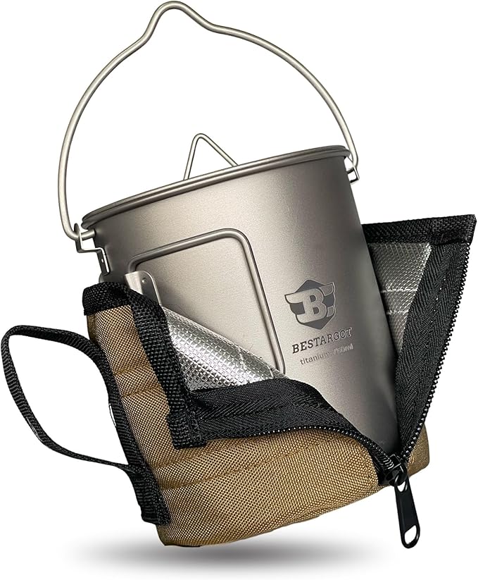 Bestargot Camping Titanium Pot, 750ml Outdoor Cup with Insulation Cup Carrier, Titanium Camping Drinkware, 132g Lightweight and Large Capacity (750 titanium)