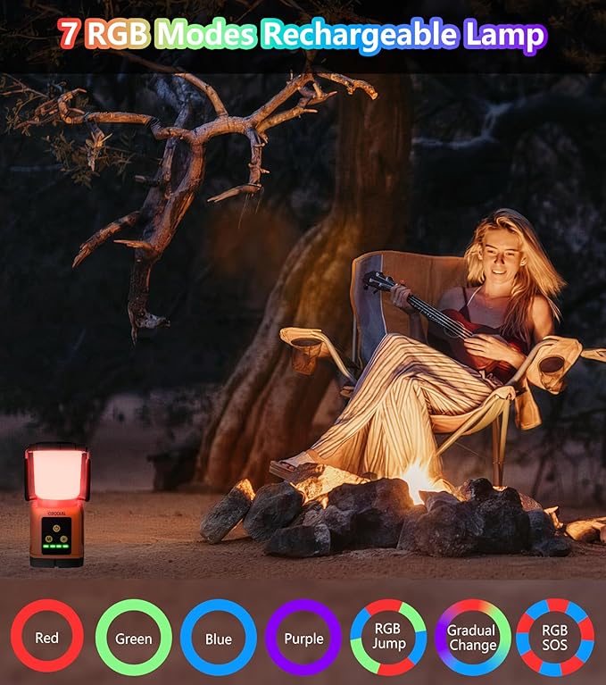 LED Camping Lantern Rechargeable, Camping Essentials 5000mAh Power Bank, Waterproof Camping Tent Light, Lanterns for Power Outages Hurricane Emergency Hiking Outdoor, RGB Mode Light