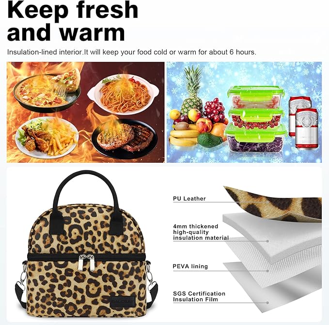 BALORAY Lunch Bag for Women Men, Double Deck Lunch Box for Adults, PU Leather Lunch Tote Bag Insulated Lunch Bags with Strap for Work Office Picnic