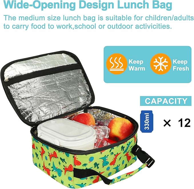 esouler Lunch Box Kids Insulated Lunch Bag for Boys & Girls Durable Children Lunchbox for School with Water Bottle Holder-Orange Dinosaur