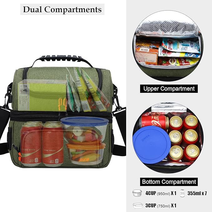 MIER Dual Compartment Lunch Bag Tote with Shoulder Strap for Men and Women Insulated Leakproof Cooler Bag, Army Green