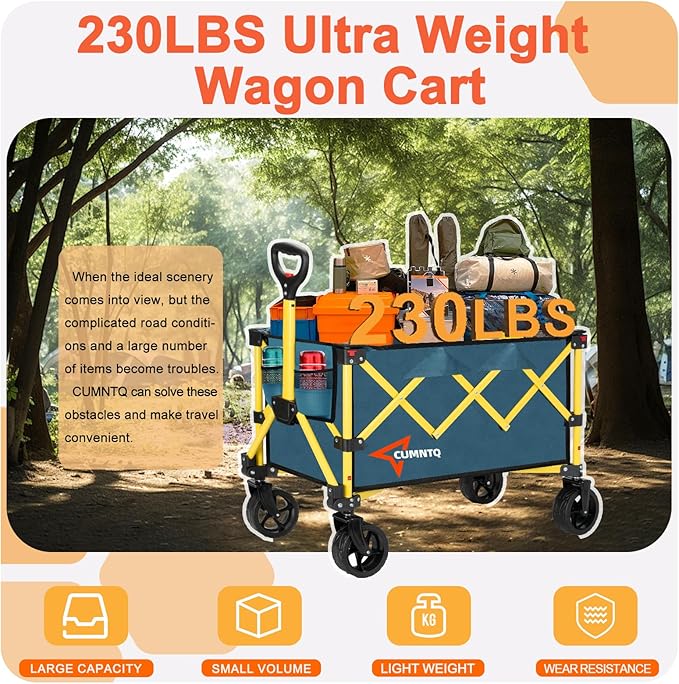 Collapsible Wagon Cart with Wheels, Heavy Duty Foldable Wagon Cart with 230lbs Weight Capacity, Utility Beach Wagons Portable for Outdoor, Grocery, Camping, Shopping, Green