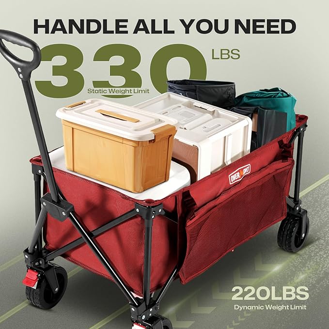 Overmont Collapsible Wagon Cart with Wheels - 220L Foldable Heavy Duty Wagon with Big All-Terrain Wheels - 330Lbs Weight Capacity with Side Pockets for Camping Sports Garden Grocery Shopping red