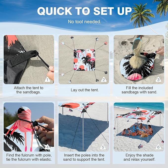 Rhino Valley Beach Tent Sun Shelter, 10x10FT Beach Canopy Tent Sun Shade UPF50+ Protection with 8 Sandbags 4 Stability Poles, Outdoor Beach Shade Canopy 6-8 People for Beach Camping Fishing