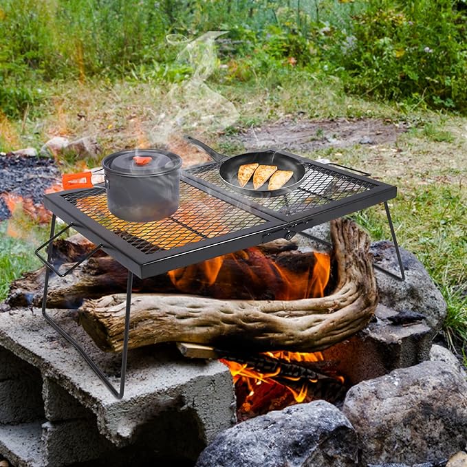 Folding Campfire Grill Grate, Portable Heavy Duty Steel Over Fire Camp Grill for Outdoor Camping Cooking Fire Pit, Black Folded in Half