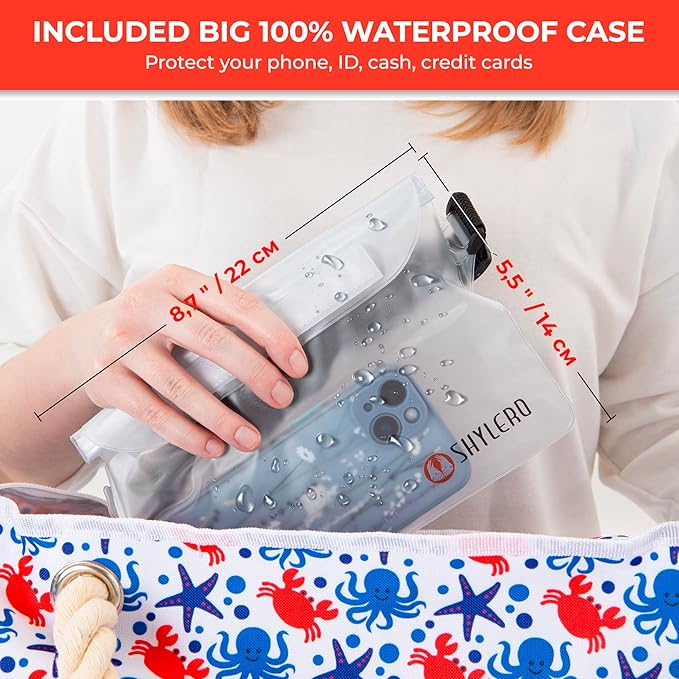SHYLERO Beach Bag and Pool Bag. Has Airtight Pouch, Ton of Pockets. Beach Tote is Zippered, Water Resistant. Family Size