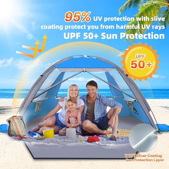 Happy Travel Beach Tent, UPF 50+ UV Protection Sun Shade Shelter for 3/4/5/6/7/8 Person, Portable Beach Canopy for Family & Baby, Lightweight & Easy Setup Beach Cabana with 3 Ventilation Mesh Windows