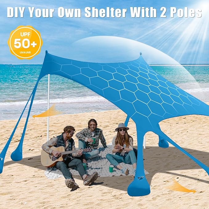 Beach Tent,10x10ft Sun Shelter UPF50+ Includes 8 Sandbags and Ground Pegs-2 Sand Shovel-4 Aluminum Poles-Carrying Bag,Beach Canopy for Camping Trips,Fishing,Backyard Fun or Picnics.