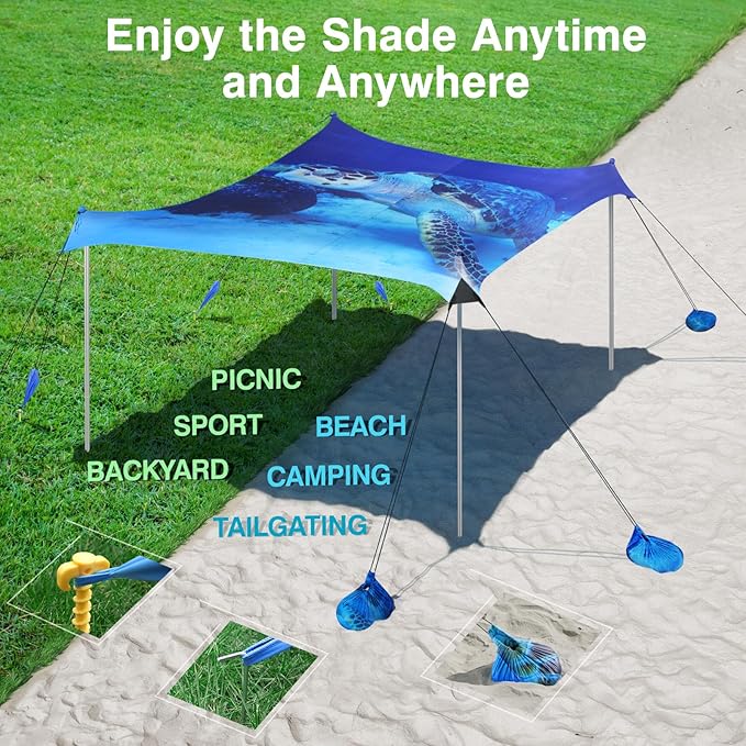 Rhino Valley Beach Tent Sun Shelter, 10x10FT Beach Canopy Tent Sun Shade UPF50+ Protection with 8 Sandbags 4 Stability Poles, Outdoor Beach Shade Canopy 6-8 People for Beach Camping Fishing