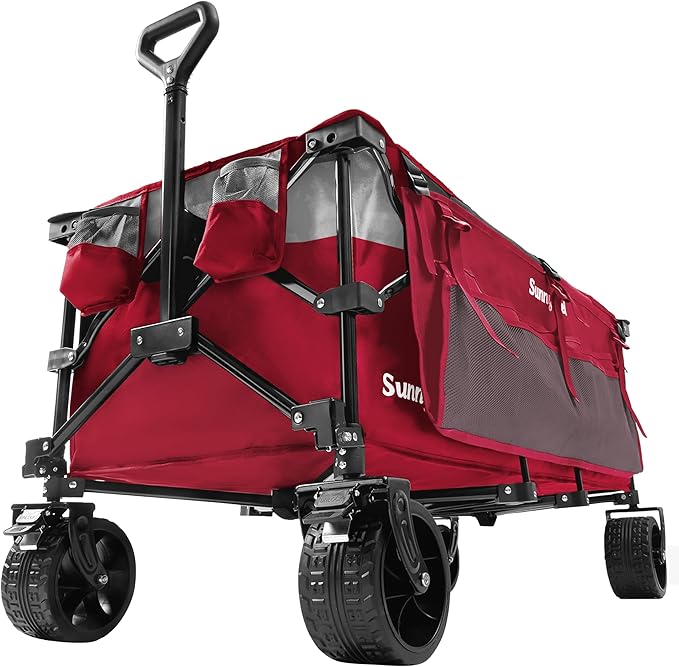 SunnyFeel 49''L 550lbs Heavy Duty Wagon Cart Foldable with Wheels,Extra Long Fold Up Wagons Carts with Side Pocket and Brakes for Camping Sports Garden Shopping (Red)