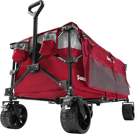 SunnyFeel 49''L 550lbs Heavy Duty Wagon Cart Foldable with Wheels,Extra Long Fold Up Wagons Carts with Side Pocket and Brakes for Camping Sports Garden Shopping (Red)