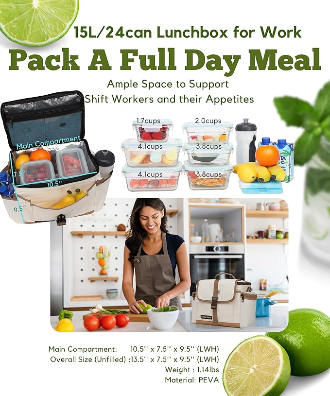 SUNNY BIRD 15L Insulated Lunch Bag with Foldable and Leakproof Design, Thermally Insulated, Shoulder Strap for Women, Men (Classic Ivory)