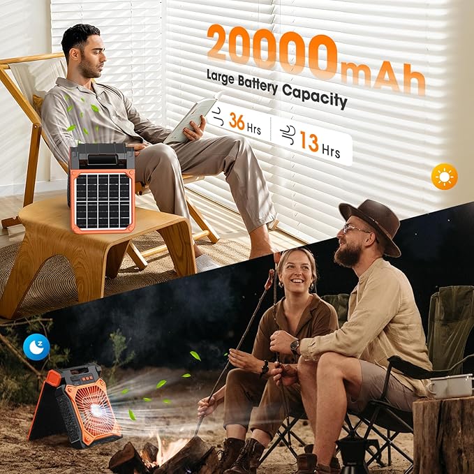 Solar Camping Fan with LED Lantern, 20000mAh Rechargeable Battery Powered with 10W Solar Panel and Emergency Power Bank, Quiet Battery Operated Tent Fan for Picnic, Barbecue, Fishing, Travel