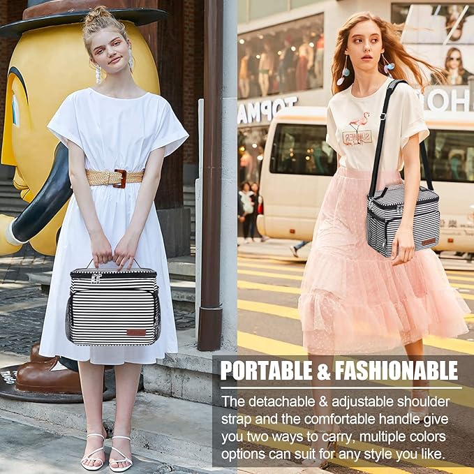 Tiblue Insulated Lunch Bag for Women/Men - Reusable Lunch Box for Office Work School Picnic,Leakproof Freezable Cooler Bag with Adjustable Shoulder Strap for Kid/Adult(Medium, Black & White Stripes)