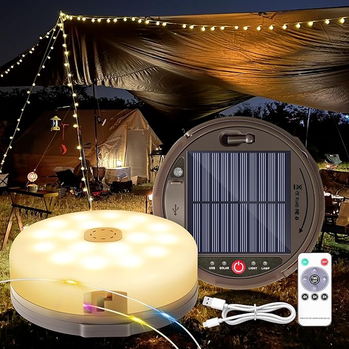 Outdoor waterproof portable stowable string light, 4 in 1 camping string lights outdoor with 8 lighting modes (42ft), solar /USB rechargeable Tent Lights for Camping, Hiking, Yard, RV (Multicolor)