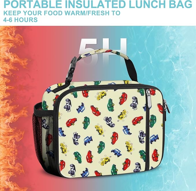 esouler Lunch Box Kids Insulated Lunch Bag for Boys & Girls Durable Children Lunchbox for School with Water Bottle Holder-Car