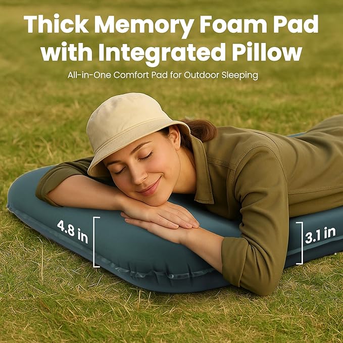 Sleeping Pad for Camping, 3.15" Ultra-Thick Self Inflating Sleeping Mat with Electric Pump&Pillow, Memory Foam Camping Mattress Pad, 4-Season Portable Camp Mat for Travel,Car,Tent,Home-Green