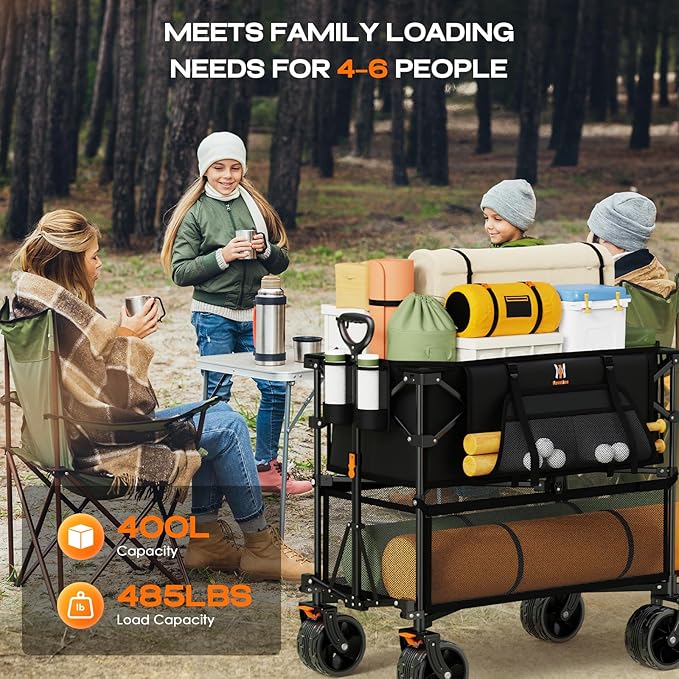 Navatiee 400L Double Decker Wagon Collapsible, 485LB Weight Capacity Heavy Duty Foldable Large Beach Wagon with Big All-Terrain Wheels, Folding Utility Cart for Sports, Camping, Outdoor, Black